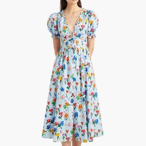 Hill House Sabrina Midi Dress Cotton Light Blue Space Floral Print S Small NEW